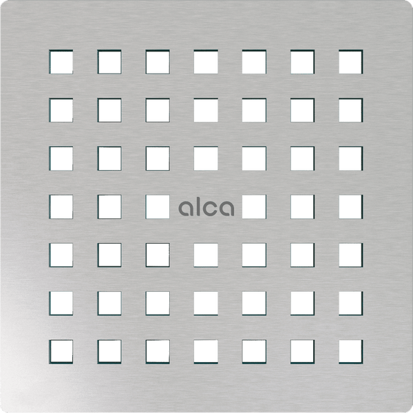 Quadratischer Bodenablaufrost aus gebürstetem Edelstahl mit quadratischen Öffnungen und Alca Logo.