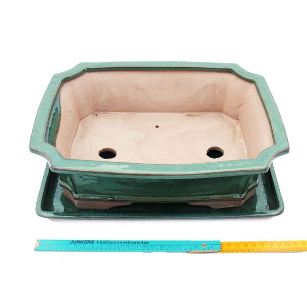 Keramik Bonsaischale mit Untersetzer und Zollstock