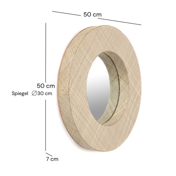 Runder Wandspiegel mit naturfarbenem Geflechtrahmen. Gesamtdurchmesser 50 Zentimeter, Spiegeldurchmesser 30 Zentimeter, Tiefe 7 Zentimeter.