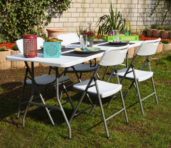 AMANKA Garten Sitzgruppe - 180 cm Tisch mit 4 Stühlen - Gartenmöbel Set Klappbar - Essgruppe Weiß