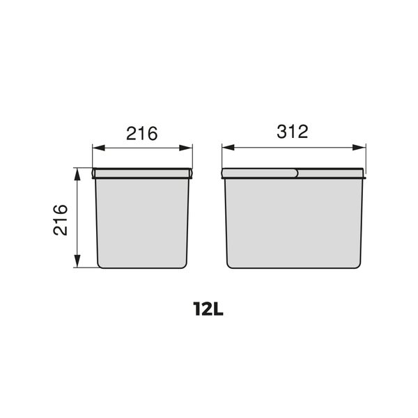 Maßzeichnung eines rechteckigen Eimers mit 12 Liter Fassungsvermögen. Abmessungen sind 312 Millimeter Länge, 216 Millimeter Breite und Höhe.