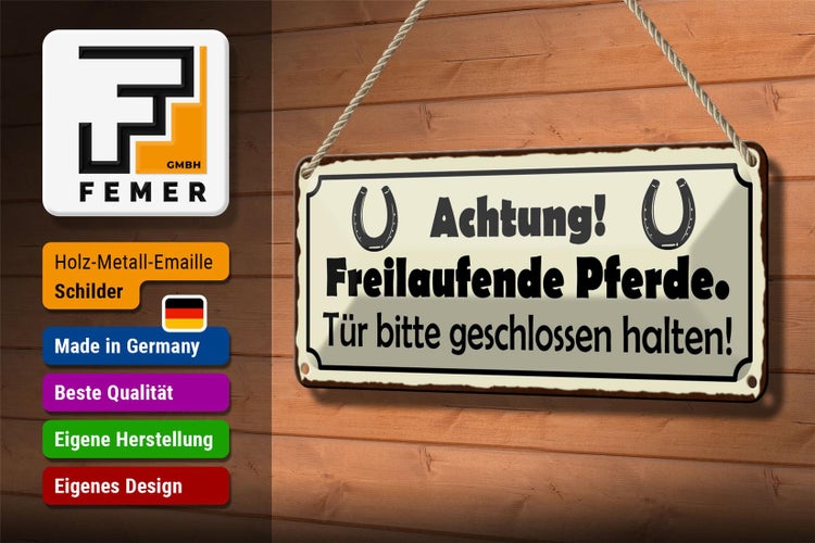 Blechschild Spruch 27x10cm Achtung freilaufende Pferde Tür Dekoration