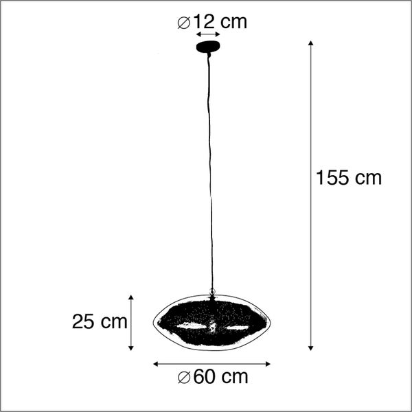 Technische Zeichnung einer Pendelleuchte mit den Maßen 12 cm Durchmesser für die Deckenbefestigung, 25 cm Höhe, 60 cm Durchmesser und 155 cm Gesamthöhe.