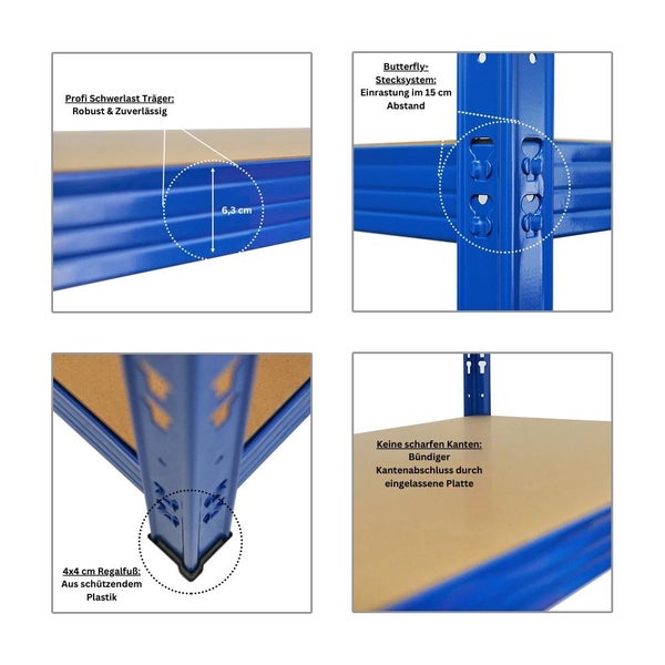 Detailansicht eines blauen Metallregals mit Holzböden, das Stabilität und Fachlast durch drei Mittelträger bietet.