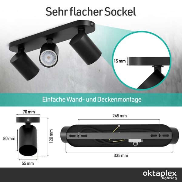 Dreiflammiger Deckenstrahler mit Maßangaben: Länge 335 Millimeter, Höhe 120 Millimeter, flacher Sockel 15 Millimeter, oktaplex lighting Logo.