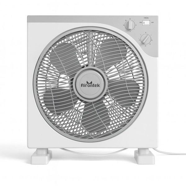 Airontek Bodenventilator in quadratischem Gehäuse mit rundem Schutzgitter und Drehreglern zur Steuerung.