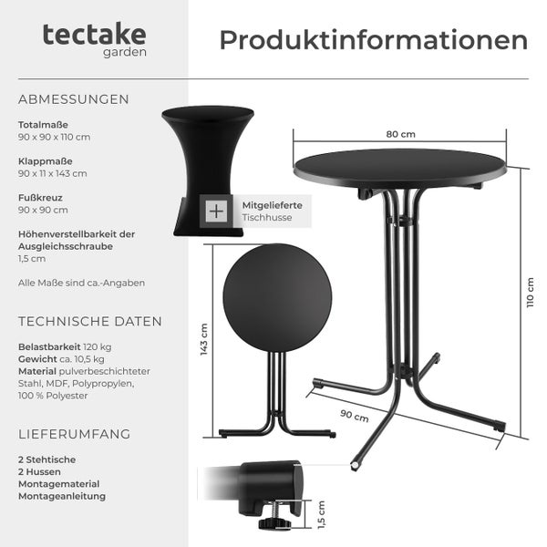 Produktinformationen zu zwei Stehtischen mit Tischhussen, Abmessungen und technischen Daten