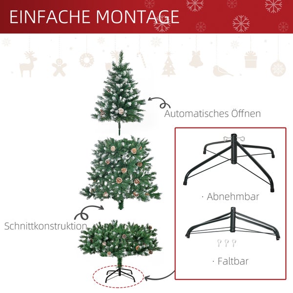 Montageanleitung für künstlichen Weihnachtsbaum in drei Teilen, mit automatischem Öffnen der Zweige, Zapfen und faltbarem Metallständer.