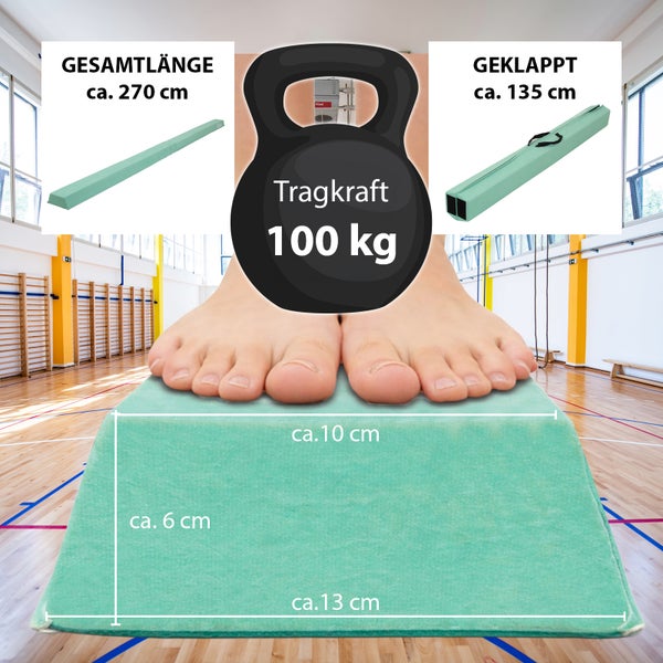 Klappbarer Schwebebalken aus Schaumstoff mit einer Gesamtlänge von circa 270 Zentimetern und einer Tragkraft von 100 Kilogramm.
