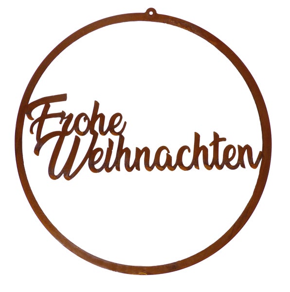 Runde Weihnachtsdekoration aus Edelrost mit dem Schriftzug Frohe Weihnachten zum Aufhängen