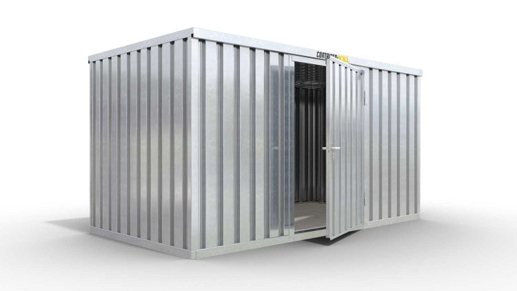 Lagercontainer Gerätehaus M  – 6 qm, H2150 x B3050 x T2170 mm, verzinkt, mit Holzfußboden, 1270 mm Einflügeltür mittig in Breitseite, zerlegt