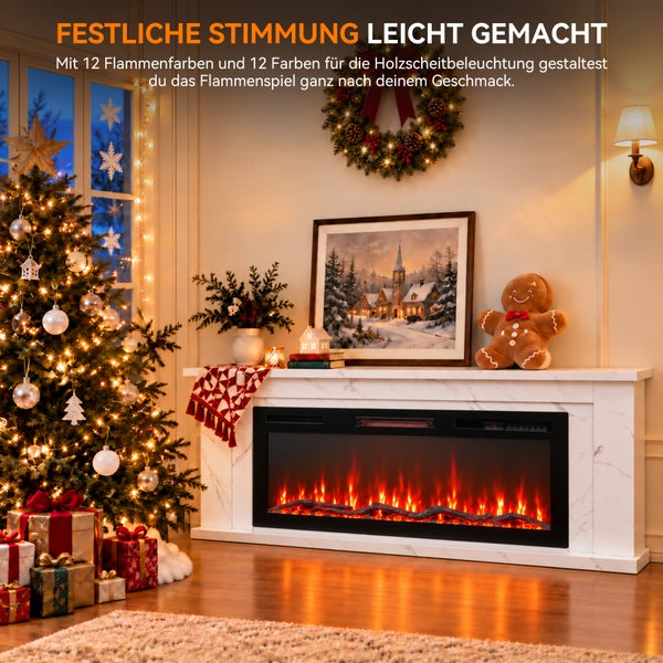 Elektrischer Kamin mit weißem Marmoroptik Gehäuse und einstellbaren Flammenfarben in einem weihnachtlich dekorierten Wohnzimmer.