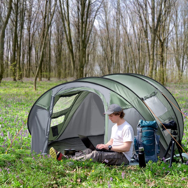 Outsunny Campingzelt, für 4-5 Personen, Kuppelzelt mit Heringen, 263,5 x 220 x 123 cm, Polyester, Dunkelgrün+Grau