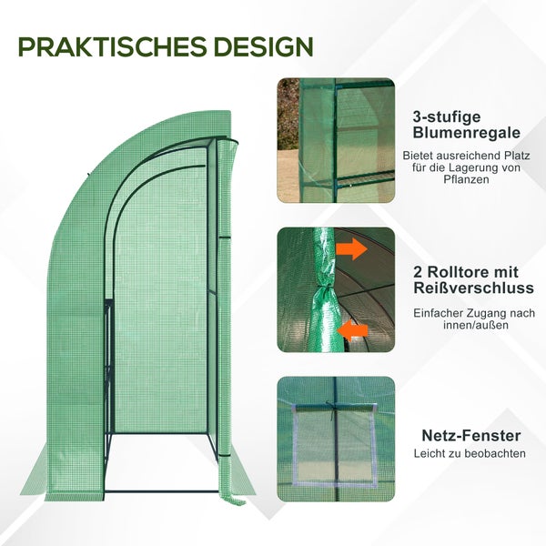 Outsunny Foliengewächshaus, mit Mesh Fenster, 200 x 100 x 215 cm, Stahl, PE, Grün