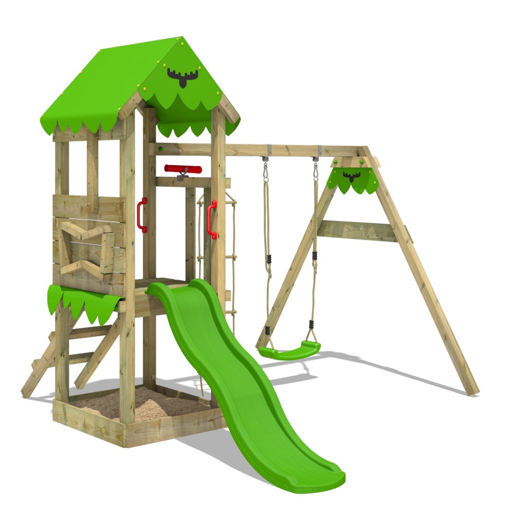 Fatmoose Spielturm Klettergerüst FriendlyFrenzy mit Schaukel und Rutsche, Kletterturm mit Sandkasten, Leiter und Spiel-Zubehör – apfelgrün
