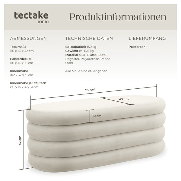 tectake home Logo. Produktinformationen für eine Polsterbank. Maße 110 mal 45 mal 42 Zentimeter. Belastbarkeit 150 Kilogramm.