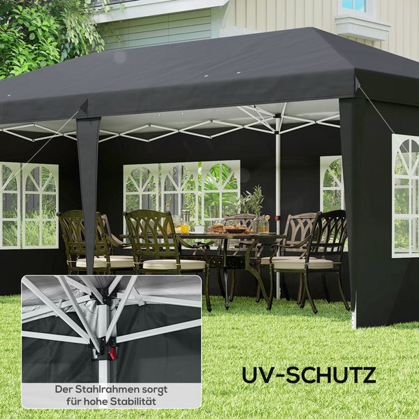 Faltpavillon mit Seitenwänden und Fenstern, stabiler Stahlrahmen für hohe Stabilität, UV-Schutz, Gartenmöbel auf Rasenfläche.