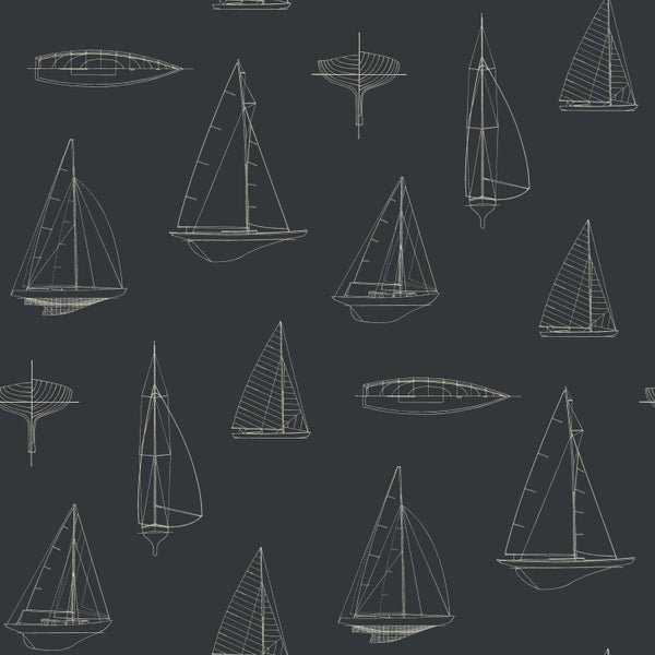 Vliestapete mit technischem Muster aus Zeichnungen von Segelschiffen, Bootsrümpfen und Querschnitten im maritimen Stil.