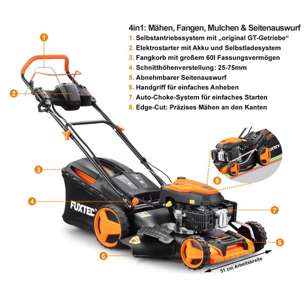 FUXTEC Benzinrasenmäher mit Elektrostart, Fangkorb und Seitenauswurf