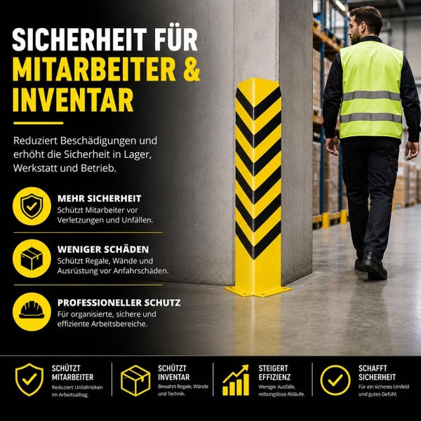 Eckenschutz an einer Betonsäule im Lager mit Informationen zu Arbeitssicherheit und Inventarschutz sowie einer Person in Sicherheitskleidung.