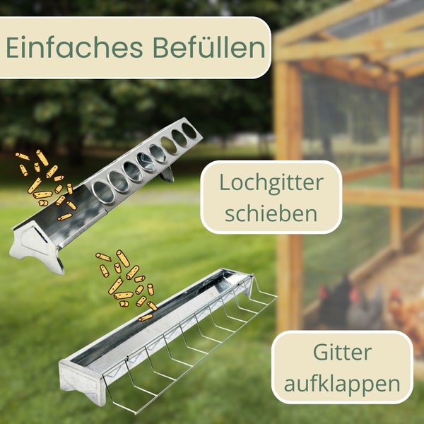 Hühnerfutterautomat mit einfachem Befüllen, Schiebegitter und aufklappbarem Gitter