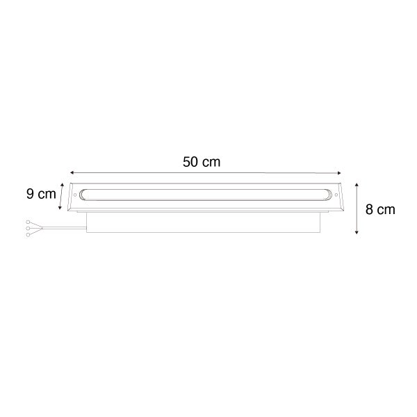 Maßskizze einer Außenleuchte mit einer Breite von 50 Zentimetern, einer Fronthöhe von 9 Zentimetern und einer Einbauhöhe von 8 Zentimetern.