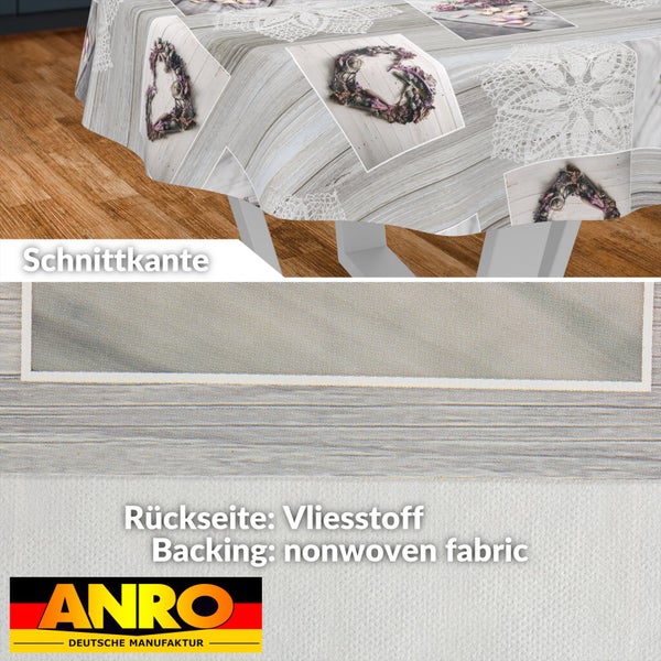 Runde Tischdecke mit Holzoptik, Spitzen- und Herzmotiven. Ansicht der Schnittkante und der Rückseite aus Vliesstoff. ANRO Logo.