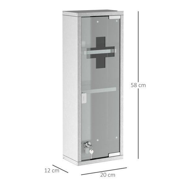 kleankin Medizinschrank Arzneischrank Erste-Hilfe-Schrank mit Schloss 3 Fächer Mattglas 430 Edelstahl+gehärtete Glastür Silber 20 x 12 x 58 cm