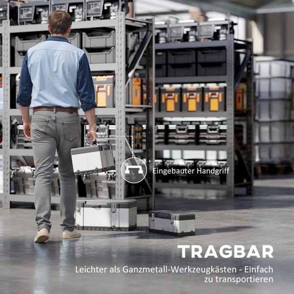 Regalsystem mit Autoreifen, Felgen, Lenkrädern und Werkzeugkisten in einer Garage