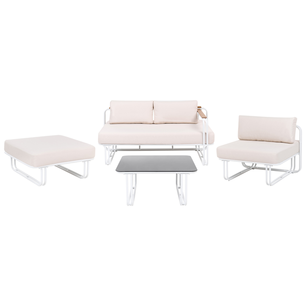 Gartenlounge Set bestehend aus Sofa, Sessel, Hocker und Tisch mit Metallgestell und Polsterauflagen für den Außenbereich.