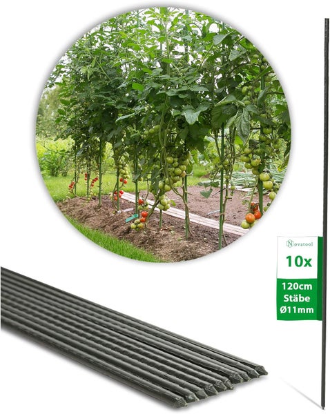 Novatool Logo. 10 Pflanzstäbe für Tomaten, 120 Zentimeter lang, Durchmesser 11 Millimeter, im Einsatz an Tomatenpflanzen im Garten.
