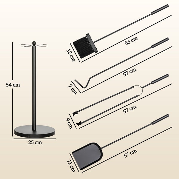 Outsunny Kaminbesteck Set, 5-teilig Kaminzubehör mit Schaufel, Besen, Zange, Schürhaken und Ständer, Kamingarnitur, Ø25 x 54H cm, Metall, Schwarz