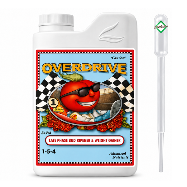 Advanced Nutrients Overdrive Pflanzendünger für die späte Blütephase in einer Flasche mit Dosierpipette.