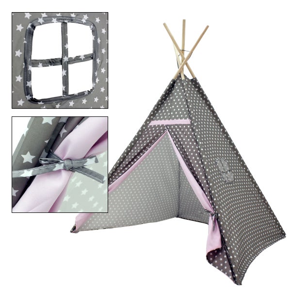 ECD Germany Tipi Spielzelt für Kinder, 115 x 115 x 160 cm, Indianerzelt Grau-Rosa mit Sternen Motiv, drinnen/draußen, Teepee Kinderzelt mit Tür und Fenster, Kinderzimmer Spielhaus für Mädchen/Jungen