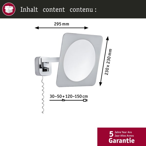 Wand-Kosmetikspiegel, 230 mal 230 Millimeter, Ausladung 295 Millimeter, Spiralkabel bis 150 Zentimeter, 5 Jahre Garantie.