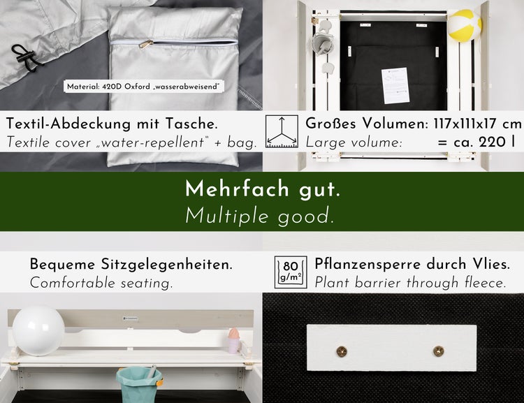 WONDERMAKE - Design Sandkasten mit Abdeckung Deckel Sitzbank und Boden, Sandkiste Holz quadratisch verschließbar mit Bank Outdoor Garten für Kinder, Tanne, weiß grau silber