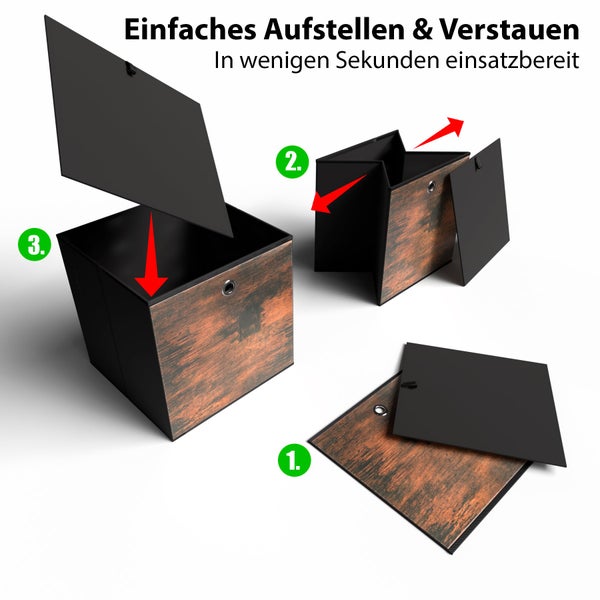 Anleitung zur Montage einer faltbaren Aufbewahrungsbox in drei Schritten mit Deckel und Holzoptik Design.