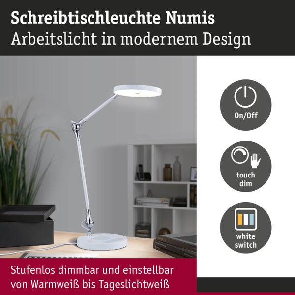 Moderne Schreibtischleuchte Numis, stufenlos dimmbar, Farbtemperatur von Warmweiß bis Tageslichtweiß einstellbar, mit Touch-Funktion.