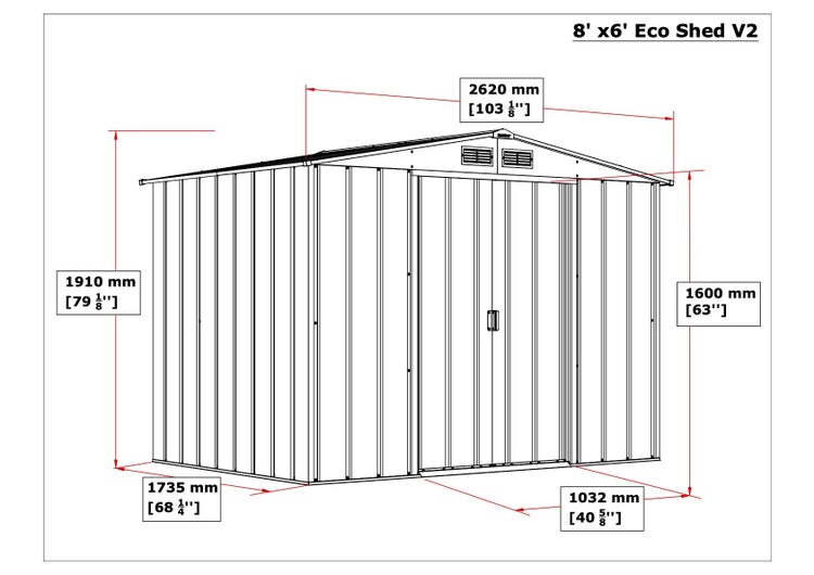 Abbildung eines Gartenhauses mit den Maßen 8 x 6 Fuß Eco Shed V2.