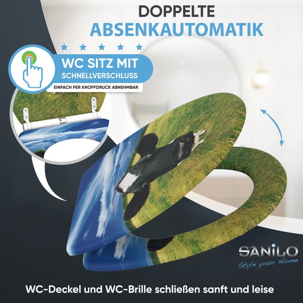 Sanilo WC-Sitz mit Kuh-Motiv, doppelter Absenkautomatik für sanftes Schließen und Schnellverschluss zum einfachen Abnehmen.