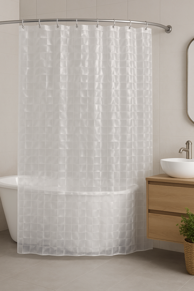 Badezimmer mit Badewanne, Waschtisch und Duschvorhang mit quadratischem Muster