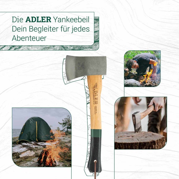ADLER Yankeebeil mit Holzstiel, ideal für Camping und Outdoor, präsentiert mit Anwendungsbeispielen am Lagerfeuer und beim Holzspalten.