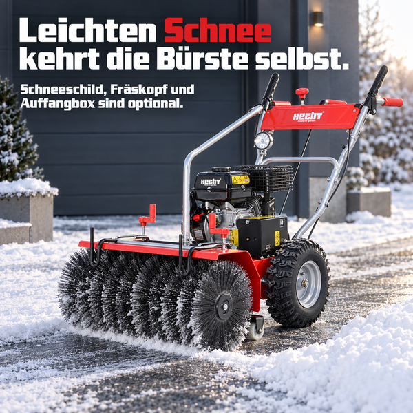 Hecht Kehrmaschine mit rotierender Bürste zur Schneeräumung auf einem gepflasterten Weg vor einem Haus.