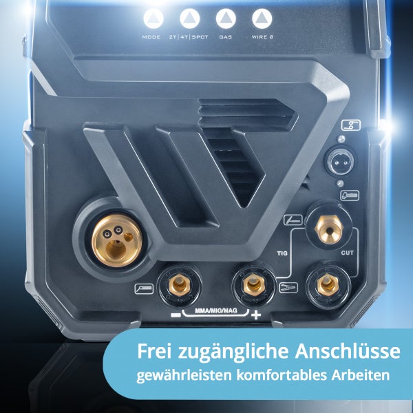 Schweißgerät mit verschiedenen Anschlüssen für komfortables Arbeiten.