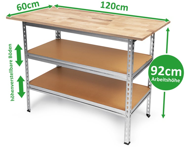 Ondis24 Werkbank Uwe 120cm Metallregal & Werktisch 92cm Buche, Werkstatteinrichtung, Werkbank