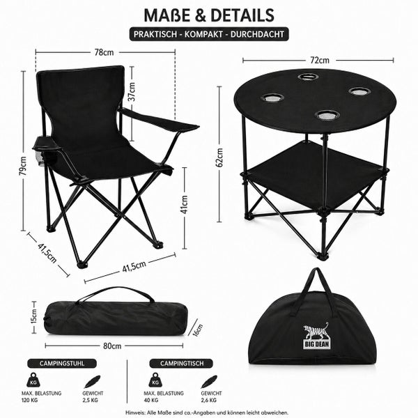 Maßzeichnung eines Camping-Sets bestehend aus einem klappbaren Stuhl und einem runden Campingtisch mit Tragetaschen und technischen Daten.