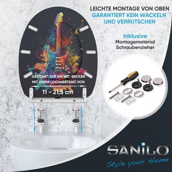 WC-Sitz mit buntem Gitarren-Motiv, inklusive Montagematerial und Schraubendreher, verstellbarer Lochabstand 11 bis 21,5 Zentimeter.