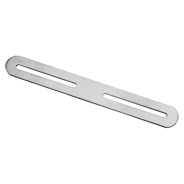 Flache Verbindungslasche aus Metall mit zwei Langlöchern zur Montage.