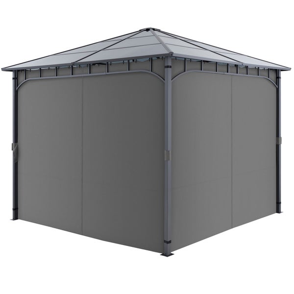 Quadratischer Gartenpavillon mit festem Dach und Seitenteilen aus Metall und Textil