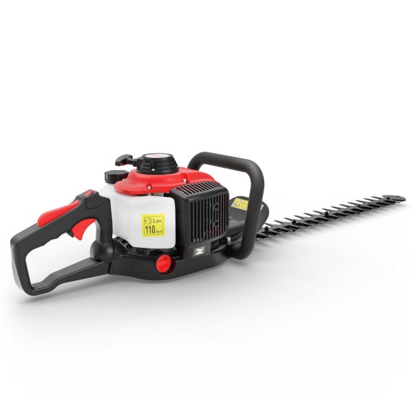 Benzin-Heckenschere in Rot und Schwarz mit langem Schneidschwert und ergonomischen Handgriffen.